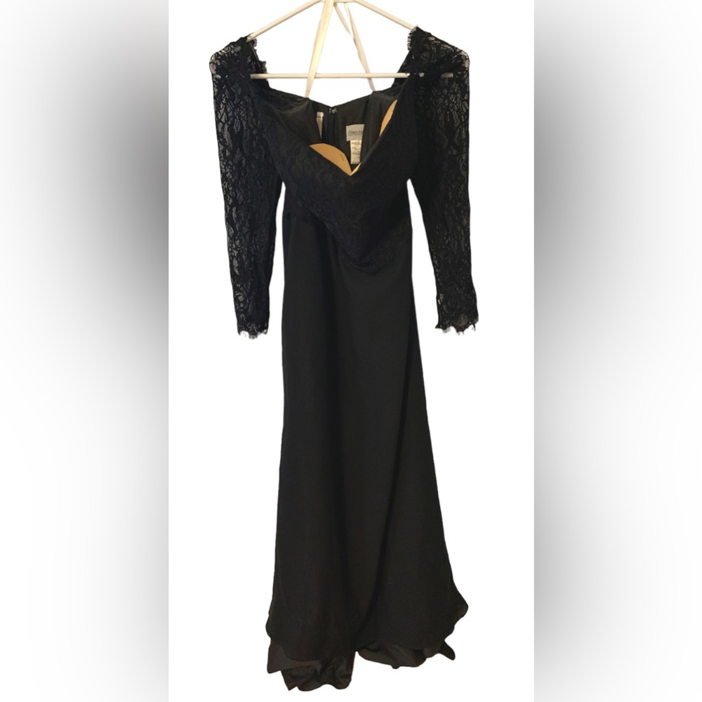 Size 12 floor length black dress. Christina Wu lace off shoulder sleeves.